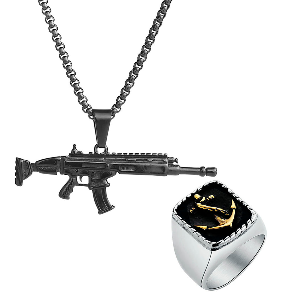 GUNGNEER Men Stainless Steel Gun Pendant Necklace Navy Army Anchor Ring Military Jewelry Set