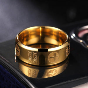 GUNGNEER Stainless Steel Cross Necklace Christian Religious Ring Jewelry Accessory Set Men Women