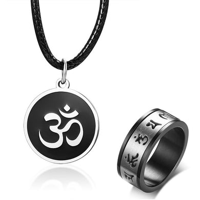 GUNGNEER Stainless Steel Spinner Om Ring Necklace Round Ohm Pendant Jewelry Set For Men Women