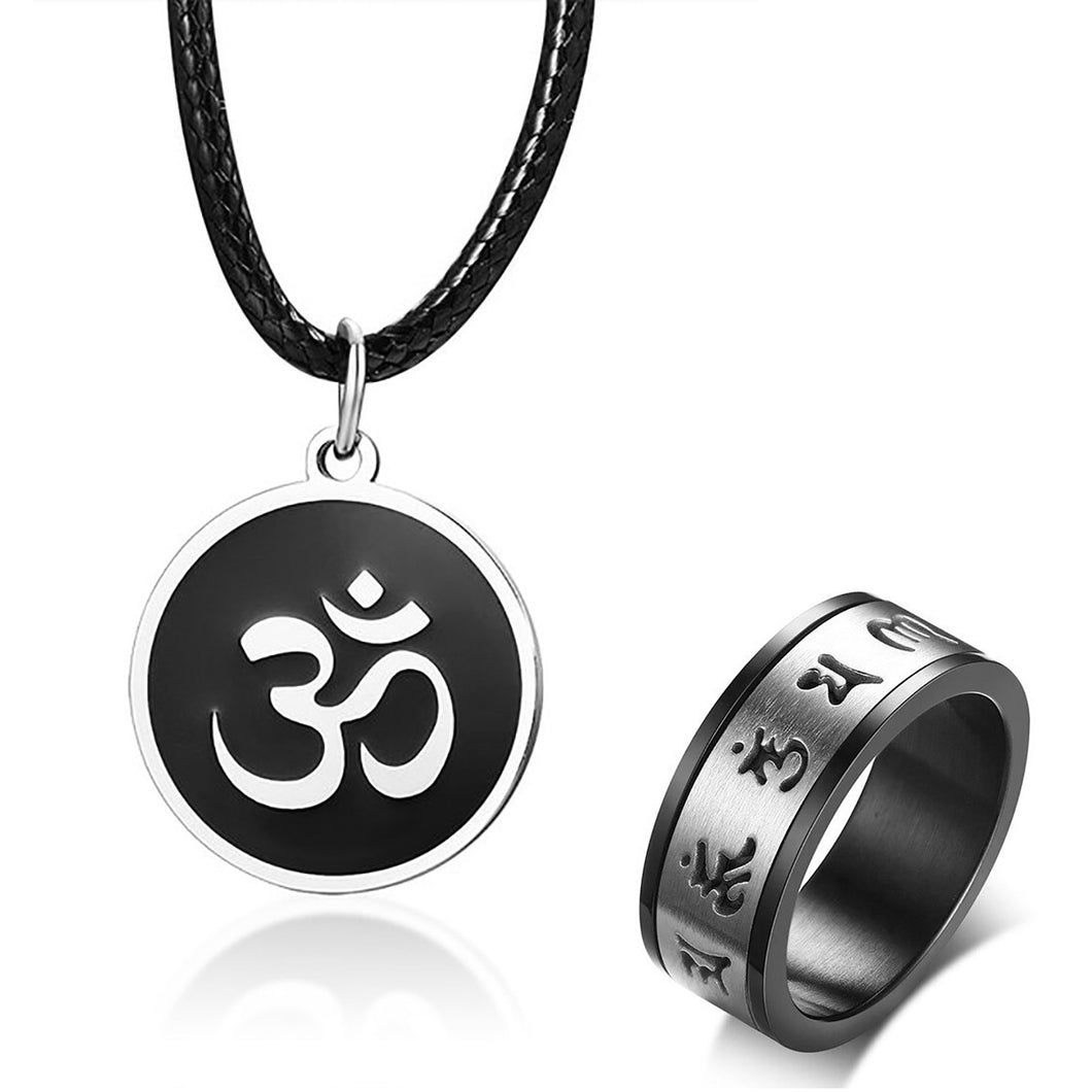 GUNGNEER Stainless Steel Spinner Om Ring Necklace Round Ohm Pendant Jewelry Set For Men Women