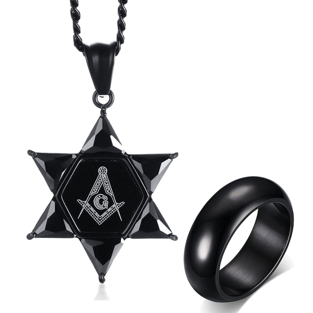 GUNGNEER Pentagram Freemason Pendant Necklace Men's Stainless Steel Basic Ring Combo
