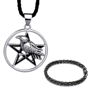 GUNGNEER Wicca Pentagram Raven Witchcraft Pendant Necklace Wheat Chain Bracelet Jewelry Set
