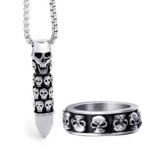 GUNGNEER Stainless Steel Skull Necklace Ring Band Gothic Biker Punk Jewelry Set Men Women