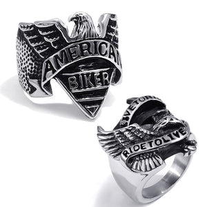 GUNGNEER 2 Pcs American Eagle Motorcycle Stainless Steel Biker Ring Jewelry Set Men Women