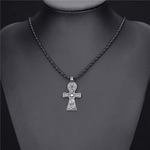 GUNGNEER Egyptian Ankh Cross Pendant Necklace Black Cord Chain Celtic Knot Ring Jewelry Set