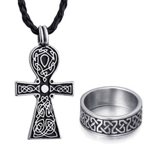 Load image into Gallery viewer, GUNGNEER Egyptian Ankh Cross Pendant Necklace Black Cord Chain Celtic Knot Ring Jewelry Set