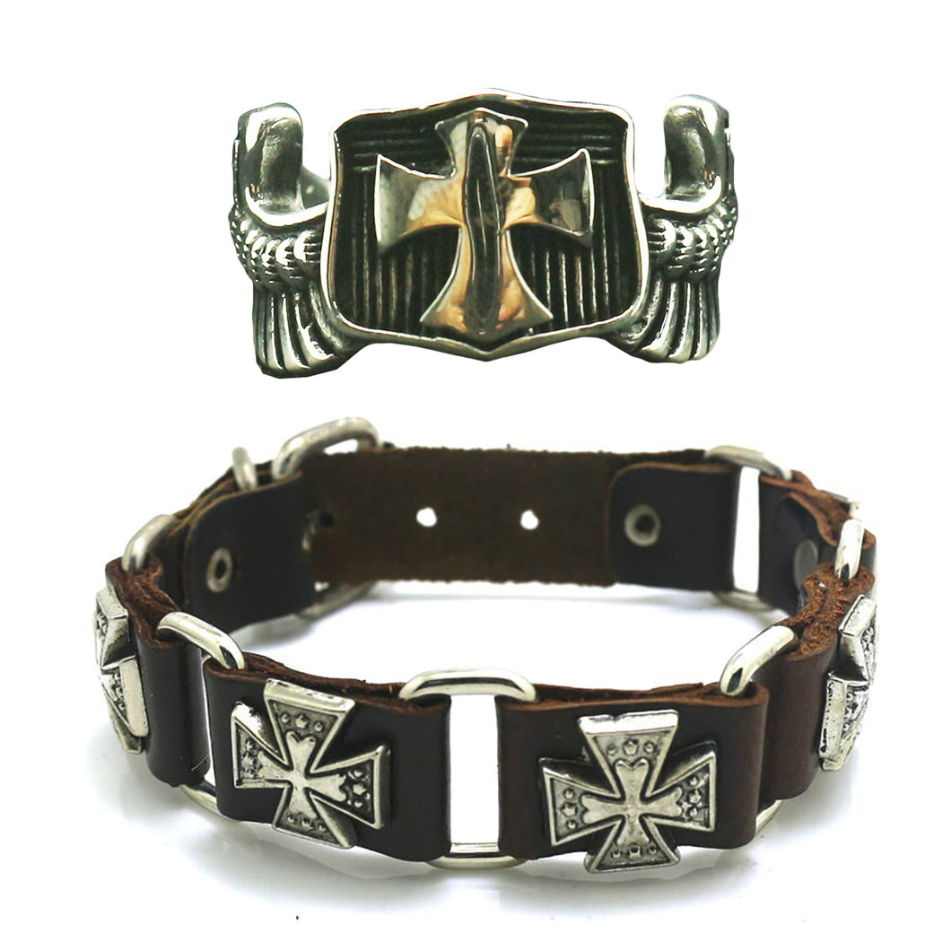GUNGNEER Stainless Steel Cross Shield Ring Leather Biker Adjustable Bracelet Jesus Jewelry Set