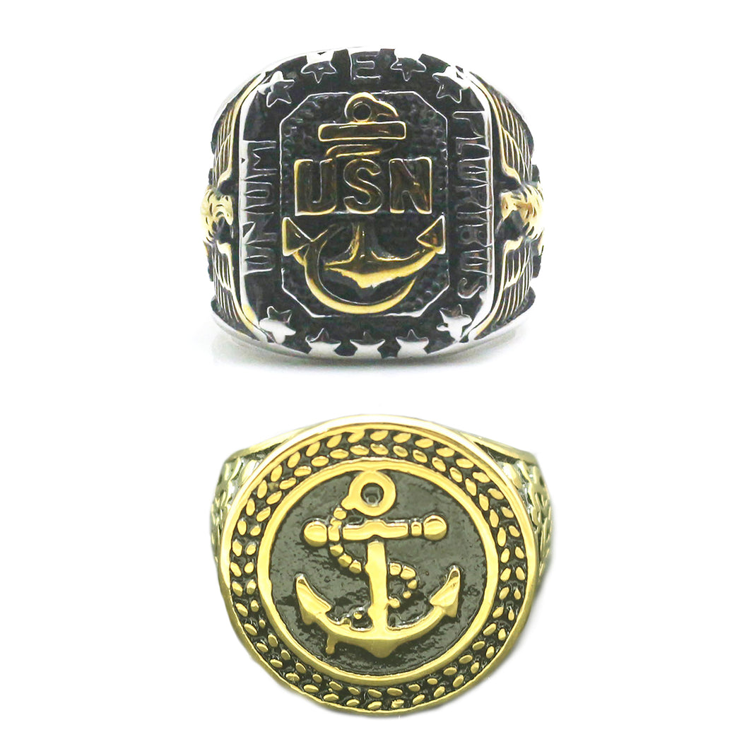 GUNGNEER Stainless Steel Army Navy Golden Anchor Ring Set US Navy Jewelry Combo For Men