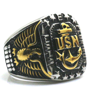 GUNGNEER Stainless Steel Army Navy Golden Anchor Ring Set US Navy Jewelry Combo For Men
