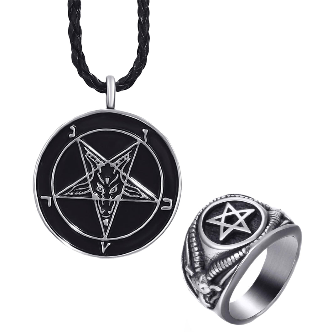 GUNGNEER Stainless Steel Pentagram Ring Sigil Of Baphomet Necklace Jewelry Set Gift