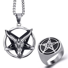 Load image into Gallery viewer, GUNGNEER Men&#39;s Satan Baphomet Necklace Devil Goat Head Leviathan Ring Jewelry Set