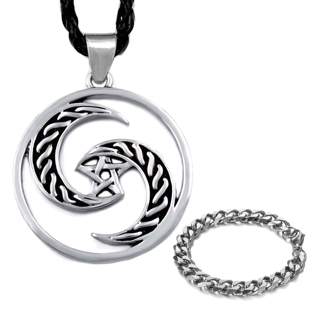 GUNGNEER Crescent Moon Pentacle Pentagram Wicca Pagan Necklace Curb Chain Bracelet Jewelry Set
