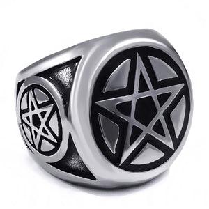 GUNGNEER Stainless Steel Wicca Pentagram Pentacle Star Pendant Necklace Ring Jewelry Set