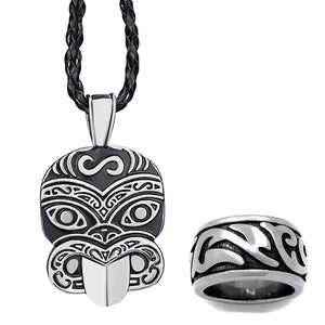 GUNGNEER Stainless Steel Tribal Mask Necklace Wave Ring Protection Maori Island Jewelry Set