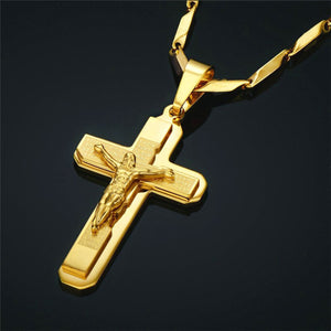 GUNGNEER Stainless Steel Cross Necklace Christian Religious Ring Jewelry Accessory Set Men Women