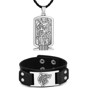 GUNGNEER Anubis Ankh Cross Necklace Fox Wolf Charm Wristband Bracelet Egyptian Jewelry Set