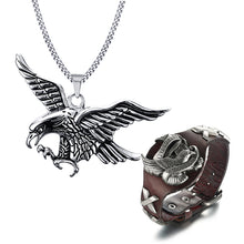 Load image into Gallery viewer, GUNGNEER Stainless Steel Eagle Necklace Leather Biker Bracelet Motorcycle Rock Punk Jewelry Set