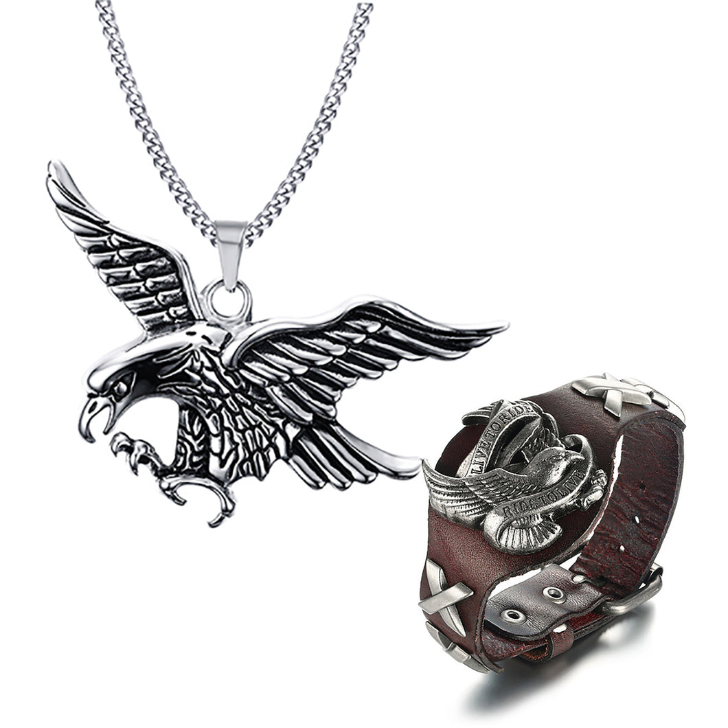 GUNGNEER Stainless Steel Eagle Necklace Leather Biker Bracelet Motorcycle Rock Punk Jewelry Set