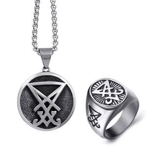 GUNGNEER Stainless Steel Sigil Of Lucifer Pendant Necklace Satan Ring Jewelry Combo