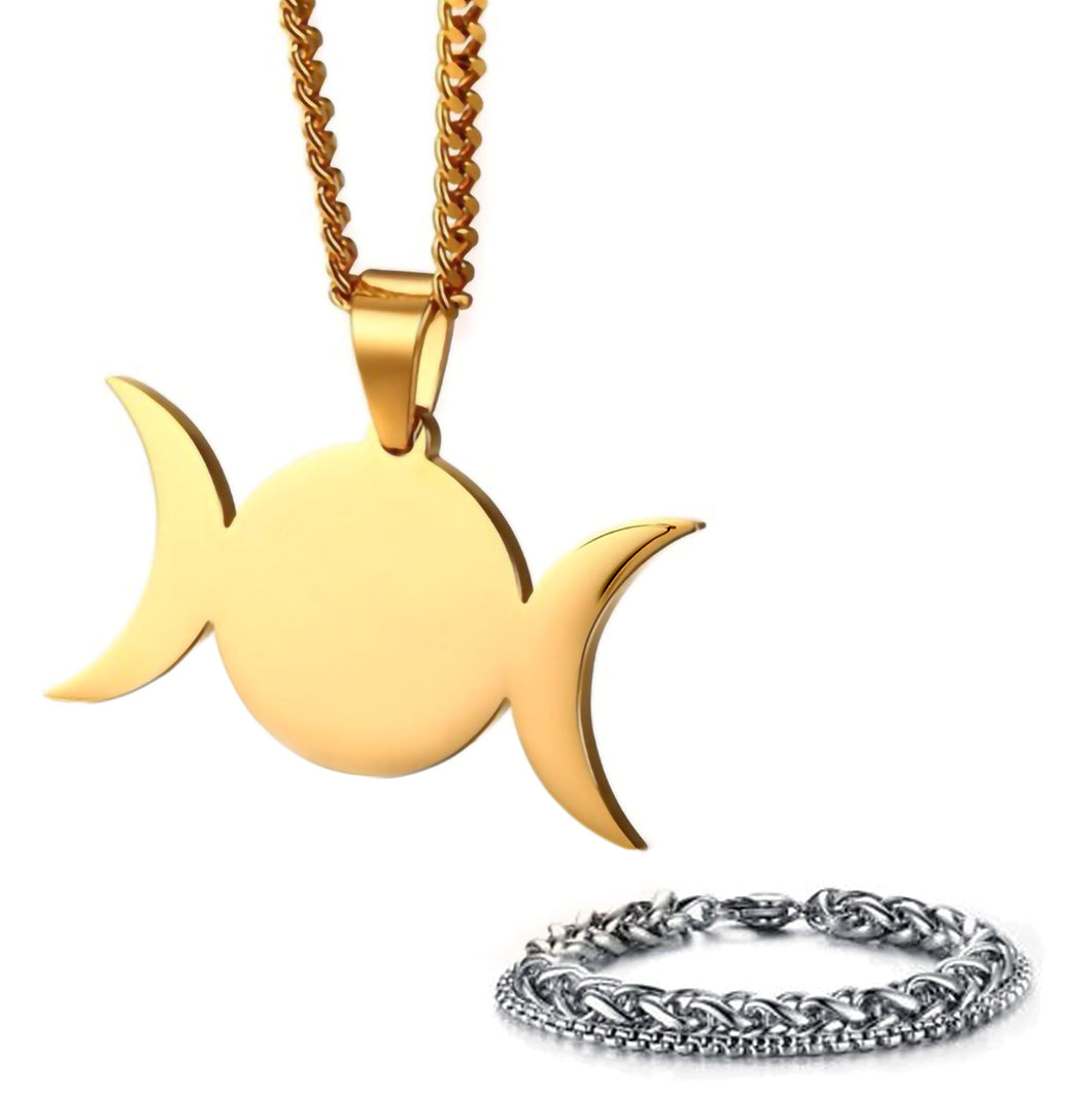 GUNGNEER Wicca Pentagram Pagan Crescent Moon Pendant Necklace Wheat Chain Bracelet Jewelry Set