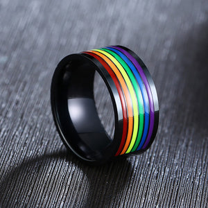 GUNGNEER Black LGBT Pride Ring Stainless Steel Rainbow Bracelet Gay Lesbian Jewelry Set