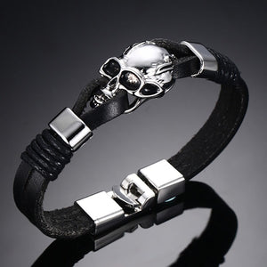 GUNGNEER Stainless Steel Skull Sword Pendant Necklace Leather Bracelet Gothic Punk Jewelry Set