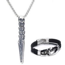 Load image into Gallery viewer, GUNGNEER Stainless Steel Skull Sword Pendant Necklace Leather Bracelet Gothic Punk Jewelry Set
