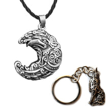 Load image into Gallery viewer, GUNGNEER Celtic Knot Triskele Viking Raven Pendant Necklace with Wolf Key Chain Jewelry Set