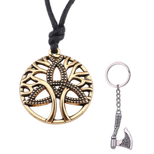 GUNGNEER Celtic Triquetra Tree of Life Pendant Necklace Axe Key Chain Jewelry Set Men Women
