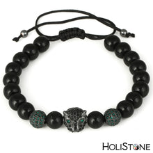 Load image into Gallery viewer, HoliStone Adjustable 8mm Black Onyx Stone Leopard Head Lucky Charm Bracelet for Women and Men