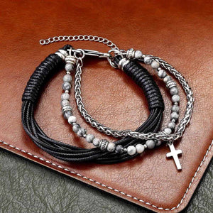 GUNGNEER Cross Charm Bracelet Multilayer Rosary Rope Chain Jesus Jewelry For Men Women