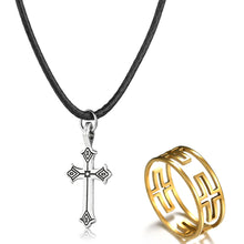 Load image into Gallery viewer, GUNGNEER Men Cross Ring Stainless Steel Multisize God Jesus Rope Chain Necklace Jewelry Set
