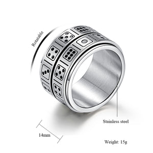 GUNGNEER Stainless Steel Punk Rotatable Double Lucky Dice Spinner Ring Casino Jewelry Men Women