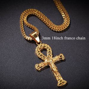 GUNGNEER Stainless Steel Ankh Cross Necklace Link Chain Bracelet Pyramid Pharoh Jewelry Set