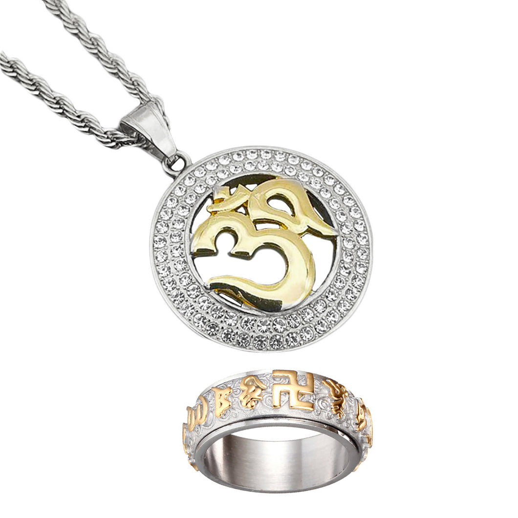 GUNGNEER Stainless Steel Hindu Yoga Ohm Necklace Buddhist Mantra Ring Jewelry Set For Men