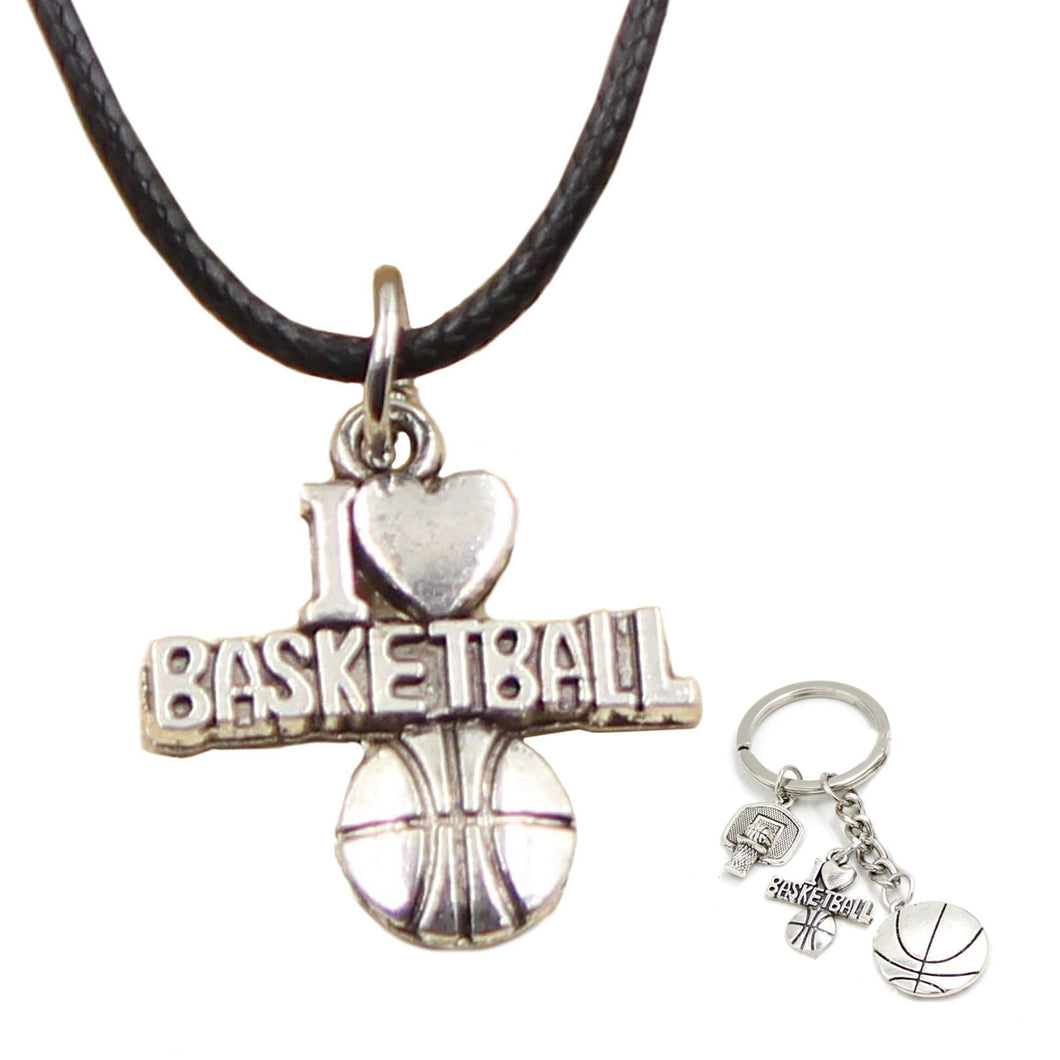 GUNGNEER I Love Basketball Necklace Keychain Black Rope Chain Sports Jewelry Set Gift