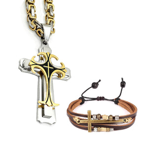 GUNGNEER Jesus Cross Bracelet Multilayer Byzantine Necklace Christian Jewelry Accessory Set