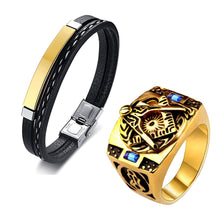 Load image into Gallery viewer, GUNGNEER Masonic Signet Ring For Men Stainless Steel Leather Cuff Bracelet Jewelry Set