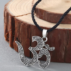 GUNGNEER Indian Om Necklace Black Rope Chain Yoga Black Ring Jewelry Combo For Men Women