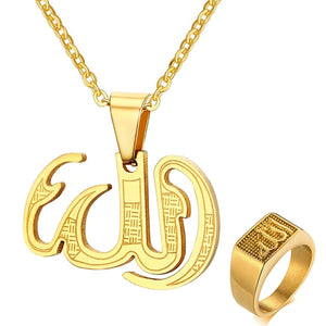 GUNGNEER Stainless Steel Islamic Muslim Allah Necklace Signet Ring Jewelry Accessory Set