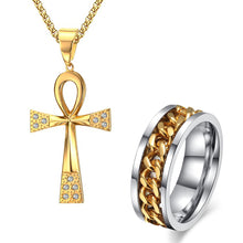 Load image into Gallery viewer, GUNGNEER Key To Life Egypt Cross Ankh Stainless Steel Necklace Rotatable Chain Ring Jewelry Set