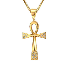 GUNGNEER Key To Life Egypt Cross Ankh Stainless Steel Necklace Rotatable Chain Ring Jewelry Set