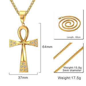 GUNGNEER Key To Life Egypt Cross Ankh Stainless Steel Necklace Rotatable Chain Ring Jewelry Set