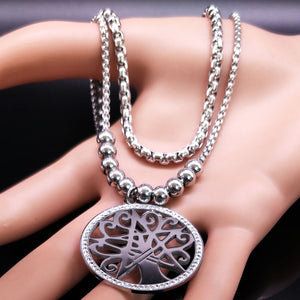 GUNGNEER Wicca Pentagram Tree of Life Crystal Stainless Steel Pendant Necklace Jewelry Men Women
