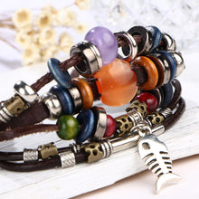 Load image into Gallery viewer, HoliStone Multi Layer Bohemian Leather Bangle with Fish Bone Charm and Wooden Bead Bracelet