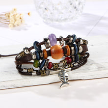 Load image into Gallery viewer, HoliStone Multi Layer Bohemian Leather Bangle with Fish Bone Charm and Wooden Bead Bracelet