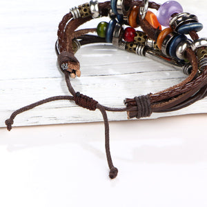 HoliStone Multi Layer Bohemian Leather Bangle with Fish Bone Charm and Wooden Bead Bracelet