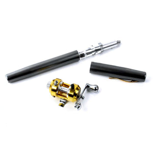 2TRIDENTS Portable Fish Rod Pen Pocket Telescopic Mini Fishing Pole Pen Shape Folded Fishing Rod with Reel Wheel (Black)