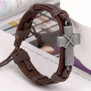 GUNGNEER Genuine Leather Cross Bracelet Christian Cross Jewelry Accessory For Men Women