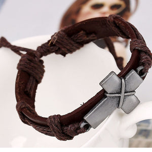 GUNGNEER Genuine Leather Cross Bracelet Christian Cross Jewelry Accessory For Men Women